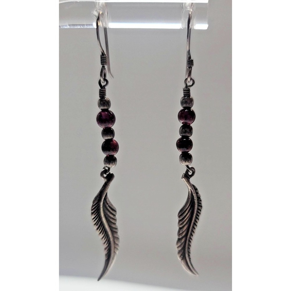 Sterling Silver 925 Garnet beads Leaf Dangle Drop Earrings Boho Womens Statement